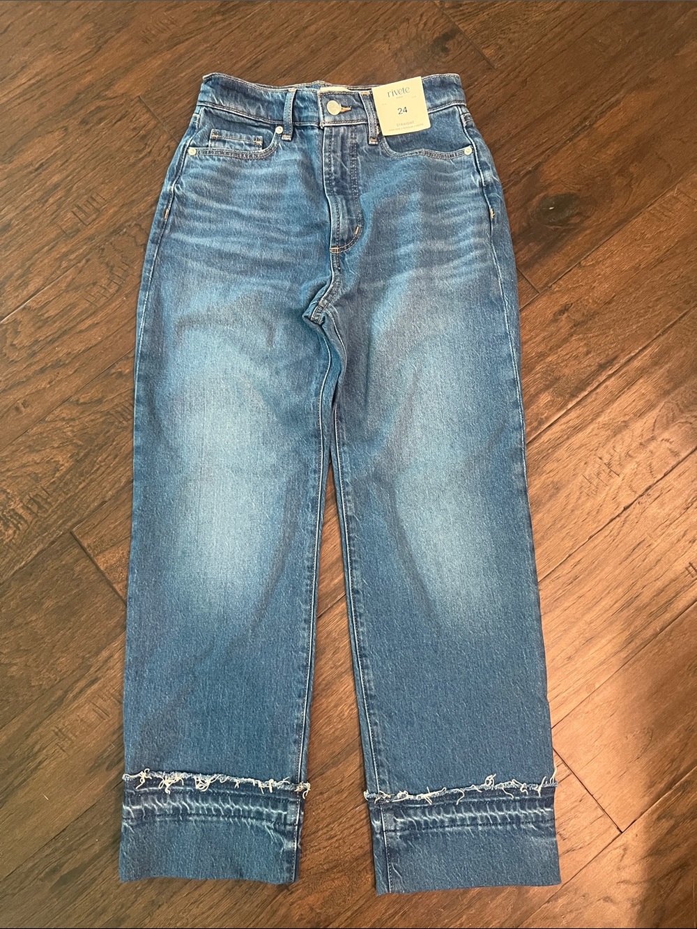 Rivete Denim Medium Blue Straight-Leg Jeans with Frayed Cuffed Hem 24P NWT